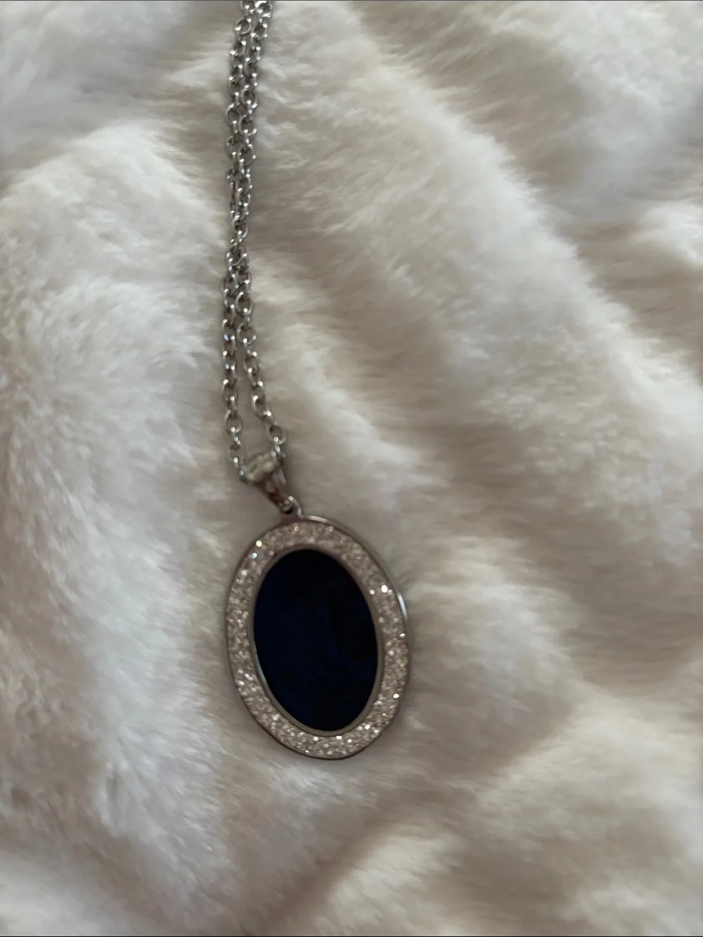 Silver Necklace with Dark Blue Oval Pendant